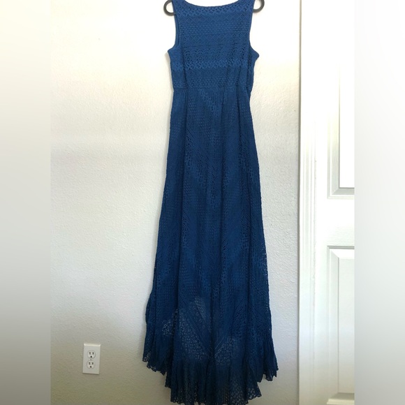 Blue Lace Maxi Dress - Sleeveless High-Low Evening Gown - Picture 9 of 9